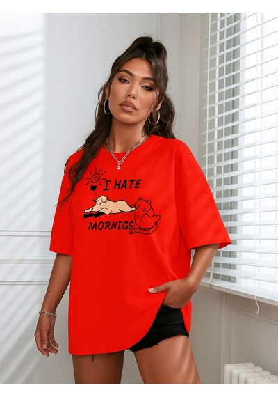 Kedi Baskılı Unisex Tişört Kirmizi