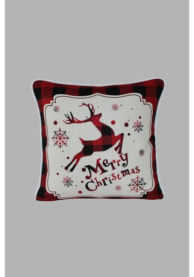 Kırlent Kılıfı Yılbaşı Temalı Merry Christmas Geyikli 45x45 Raşel Örme Kadife Dijital Baskı Beyaz Biyeli Çok Renkli