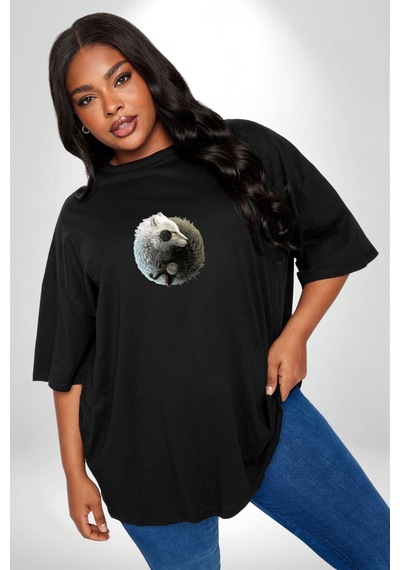 Angemiel Yin İle Yang Beyaz Siyah Kurt Siyah Büyük Beden Erkek Kadın Unisex Basic Ön Baskılı Tişört Siyah