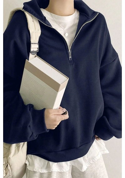 Ghassy Co. Kadın Pamuklu Oversize Silver Yarım Fermuarlı Sweatshirt Lacıvert