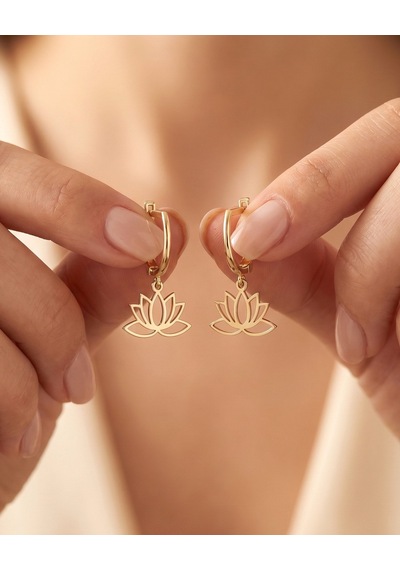 Sade Sallantılı Lotus Çiçeği 14 Ayar Altın Küpe