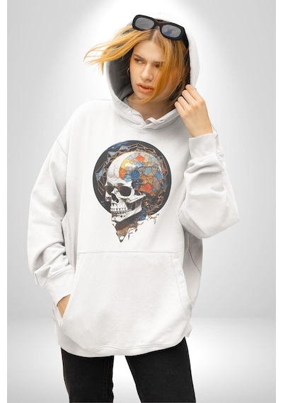 Kuru Kafa Kristal Kadın Erkek Beyaz Kapüşonlu Sweatshirt Hoodie Beyaz