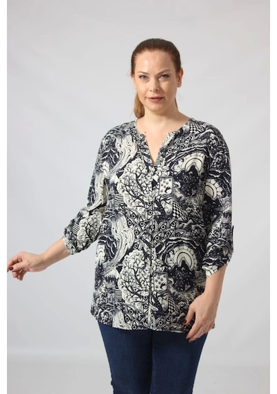 Moda Berray 3295 Lacivert Krem Karışık Desenli Viscon Kumaş Gömlek Siyah