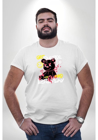 Angemiel Dışarı Çık Ve Oynayalım Teddy Beyaz Büyük Beden Kadın Erkek Ünisex Basic Ön Baskılı Tişört Beyaz