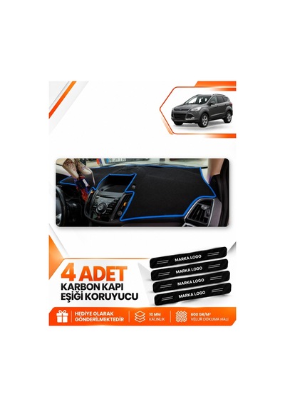 Ford Kuga 2013-2015 Uyumlu Ön Torpido Koruma Kılıfı Halısı Koruyucu Örtüsü - Siyah Mavi