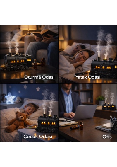 Premium Tren Tasarımlı Ultrasonik Aroma Difüzör Led Işıklı, Zamanlayıcılı, Hava Nemlendirici