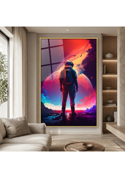 Dev Gezegen Önünde Astronot Gold Çerçeveli Cam Tablo
