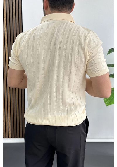 Erkek Açık Yaka Desenli Tişört Krem Edw453 Krem