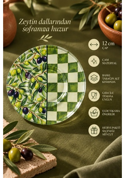 6 Lı Cam Çay Tabağı Zeytin Dalı Ve Dama Desenli 12 Cm 6 Adet Çay Tabak Yeşil