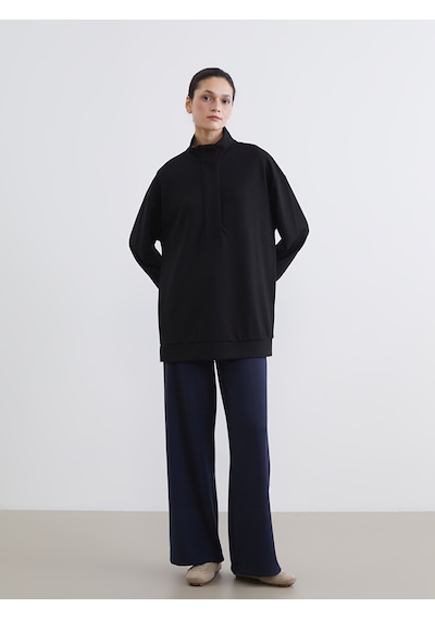 Lcw Modest Siyah Soft Touch Oversize Kadın Sweatshirt Tunik