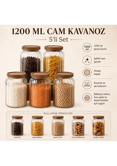 Tr 5'li 1200 Ml Ahşap Kapaklı Cam Kavanoz Seti, Çizgili Şeffaf Erzak Saklama Kabı, Kahve Makarna Bakliyat Kuruyemi Genel