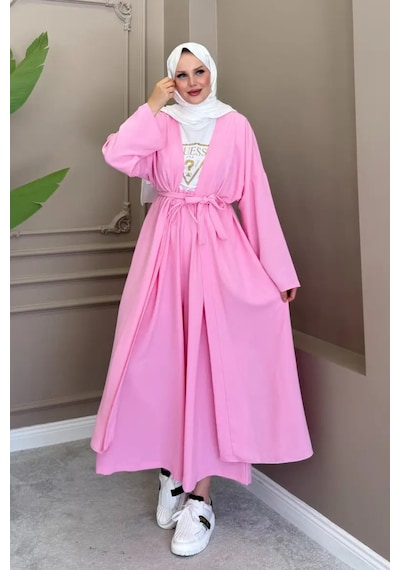 Balenbi Kadın Kuşaklı Kimono Hırka Bol Paça Pantolon Takım Tesettür 2'li Kombin 1230 Pembe Balenbi Kadın Kuşaklı Kimono Hırka Bol Paça Pantolon Takım Tesettür 2'li Kombin 1230 Pembe