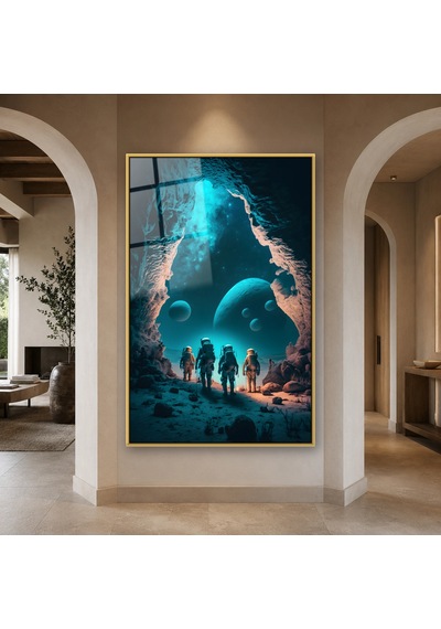 Mağaradan Gezegenlere Bakan Astronotlar Gold Çerçeveli Cam Tablo