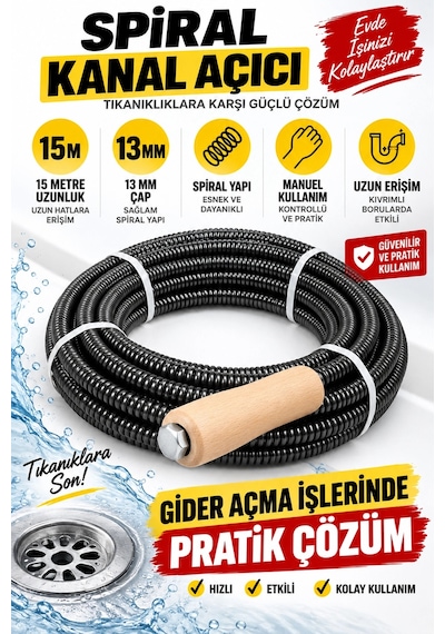 13 Mm 5 Metre Kanal Açıcı Spiral Manuel Gider Açma Susta Teli, Uzun Erişim Kalın Susta