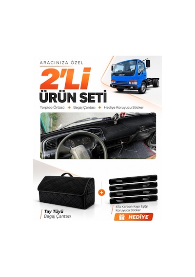 Isuzu Nkr Wıde 1997-2005 Uyumlu Torpido Örtüsü + Tay Tüyü Bagaj Çantası + Sticker Seti - Siyah