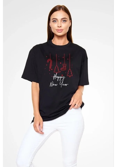 Efnaz Style Unisex Bisiklet Yaka Baskılı Oversize T-shirt - Siyah