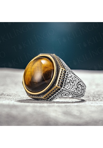 Takılingo 925 Ayar Gümüş Kahverengi Kaplangözü Taşlı Erkek Yüzük Gümüş