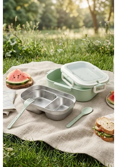 2 Bölmeli Kaşık Çatallı Paslanmaz Çelik Yemek Kabı Lunch Box Sefer Tası Beslenme Kabı Yeşil