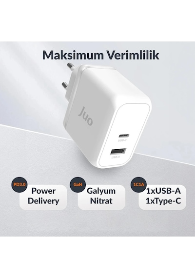 Juo 65W GaN USB-C + USB-A Şarj Aleti iPhone & iPad & Apple Uyumlu MacBook & Notebook PD Type-C Hızlı Şarj Cihazı Beyaz