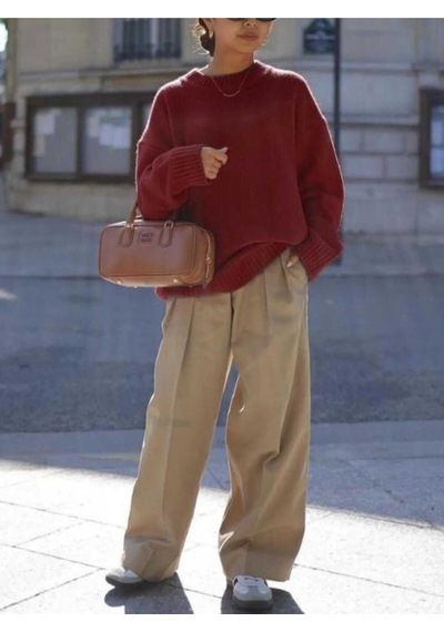 Kozia Outdoors Bisiklet Yaka Salas Oversize Triko Kazak Bordo