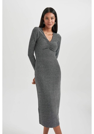 DeFacto Bodycon Basic Düz Vücudu Saran V Yaka Payetli Kumaş Midi Uzun Kollu Elbise B4699AX23WNGR452 Gri