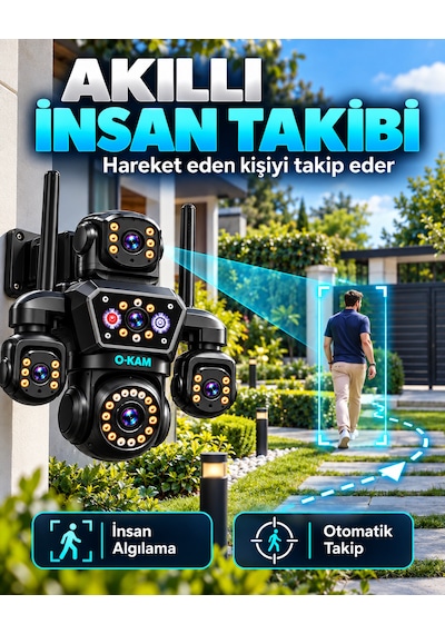 O-kam Ok-251 12mp 4 Kameralı Wifi Gece Görüş Çift Yönlü Ses Uzaktan İzleme Kişi Takibi Türkçe Akıllı Güvenlik Kamerası