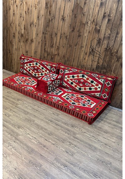 Turkıshrug Kıngdom Yörük - Kilim Şark Köşesi, Yer Minderi Takımı 28 Dansit Sert Süngerli 4 Parça Kırmızı
