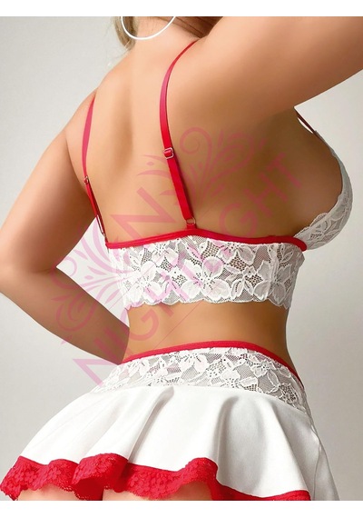 Astrid T Premium Kırmızı Beyaz Dekolteli Ürün Gece Kıyafeti Bustiyer Ve Mini Etekli Fantazi Hemşire Kostümü