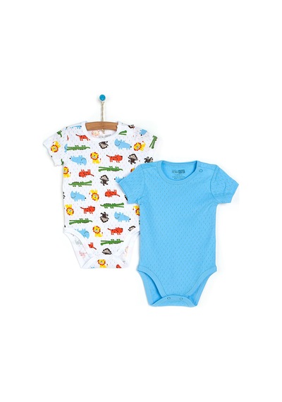 HelloBaby 2li Jakarlı Hayvan Desen Kısa Kol Body Erkek Bebek 001