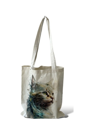Toz Vintage Kanvas Kedi Desenli Çift Taraf Desenli Bez Omuz Çantası Krem
