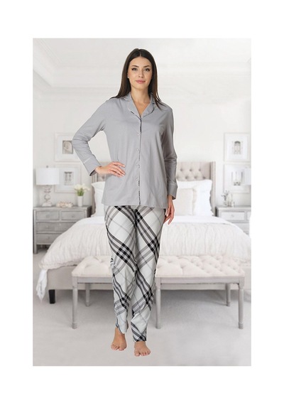 Effortt Mayss Collections 8072 Gri Renk Önden Düğmeli Pijama Takımı Gri
