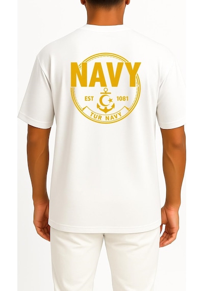 Bahriyeli Collection Oversize Tur Navy Göğüs Ve Sırt Baskılı Unisex T-shirt Beyaz