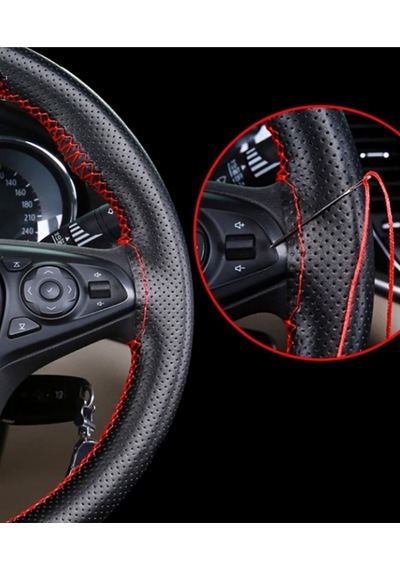 Honda Civic Uyumlu 2007-2012 Deri Dikmeli Direksiyon Kılıfı Noktalı Kırmızı Ipli 38cm 10cm