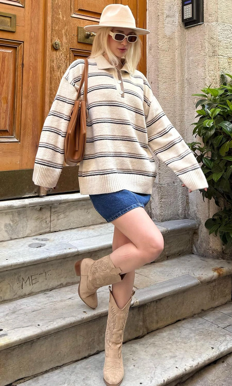 Madmext Ekru Çizgili Düğmeli Polo Yaka Kazak Mg2357 Ekru