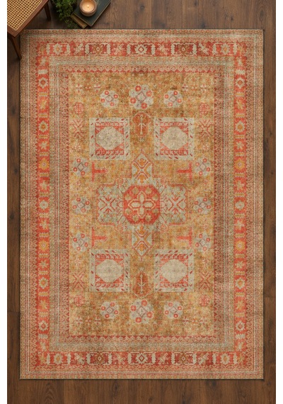 Artloop İstanbul Kiremit Sarı Etnik Vintage Desenli Dokuma Tabanlı Şönil Halı Al 641 Kiremit - Sarı