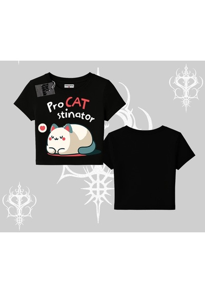 Startmore Startmore Paws Off Yazılı Kedi Baskılı Streetwear Oversize Crop Tshirt Siyah