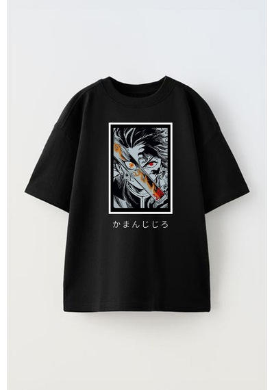 Thewert Unisex Demon Slayer Rangoku Tasarım Baskılı Pamuk Sıyah Oversize T-shirt Siyah