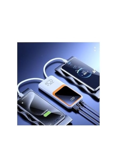 20000 Mah Power Bank Pd 20w Ve Usb 22.5w Quıck Fast Hızlı Şarj Dahili Type C Ve Lightning Kablolu Dünya Standartlarına Uygun Polymer Batarya Birebir Amper Lcd Göstergeli Powerbank Beyaz
