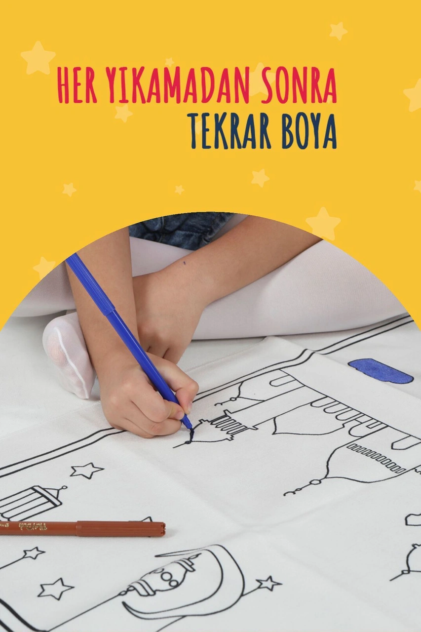 Çocuklara Özel Yıkanabilir Boyamalı Seccade Seti Mavi S1037 Mavi