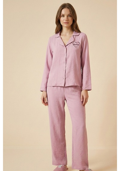 Pembe Slogan Ve Kalpli Nakışlı Dokuma Pijama Takımı