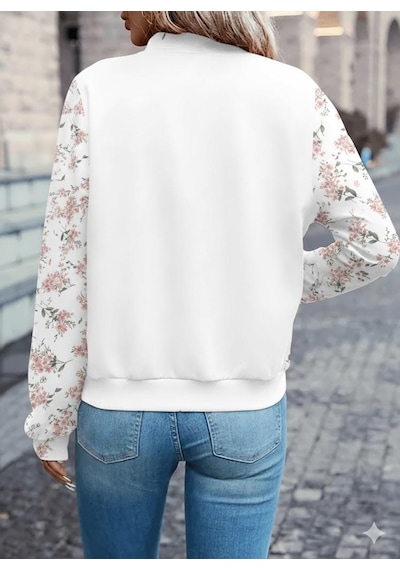 Beyaz Çiçek Desenli 3 İplik Bomber Ceket Fermuarlı Mevsimlik Şık Model Beyaz