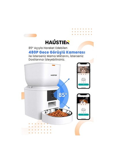 Qq025 Kameralı Akıllı Kedi Köpek Otomatik Mama Kabı,480p Gece Görüşlü, Wifi 2.4ghz, 4 Lt, Metal Kase