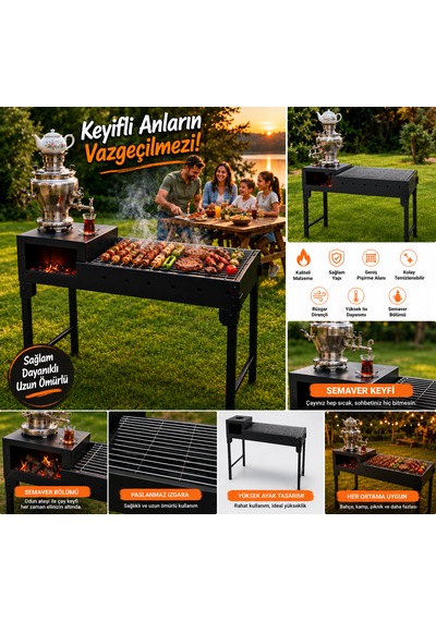Dtagas Bahçe, Kamp Ve Piknik İçin, Katlanabilir Ayaklı, Semaver Bölmeli, Çelik Gövdeli Profesyonel Mangal Siyah