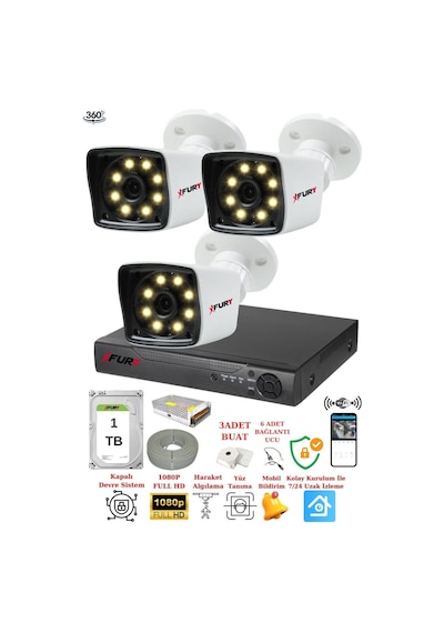 Fury 3 Kameralı 5mp Lens 1080p 2mp Color Görüntü 8 Warm Led Gece Görüş Fullhd Güvenlik Kamera 5525w 1tb