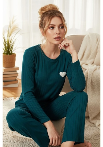 Siyah İnci Fitilli Örme Pijama Takım25226003 Yeşil