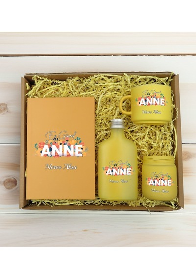 Bk Gift Kişiye Özel İsimli Dtf Anne Temalı Sarı Defter & Kahve Fincanı & Kolonya & Mum Hediye Seti-2, Anneye Hediye, Anneler Günü Hediyesi Kobitmeyenc