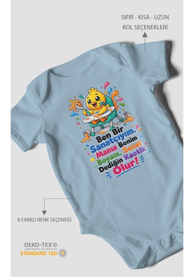 Morivokids Ben Bir Sanatçıyım Yazılı Kısa Kollu Bebek Body %100 Pamuk Bebe Mavisi