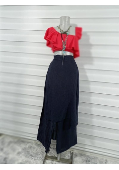 Bohem Stil İtalyan Ham Keten Pantolon Etek-8747 Lacivert