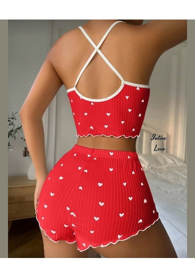 Intive Comfort Kalp Desenli V Yaka İnce Askılı Mini Şortlu Büstiy Kırmızı
