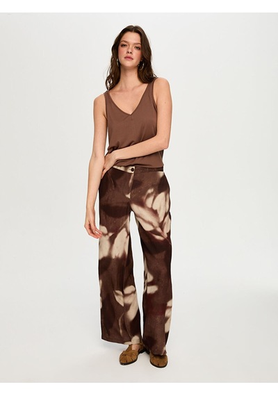 Faik Sönmez Soyut Çiçek Desen Ketenli Wide Leg Fit Pantolon S26pnt035 Us26pnt03530 Kahve
